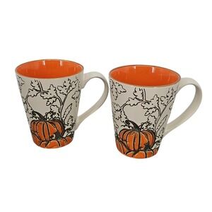 inHomestylez Pumpkin Oak Leaf Ceramic Mug Set of 2 Orange Cream Fall Harvest